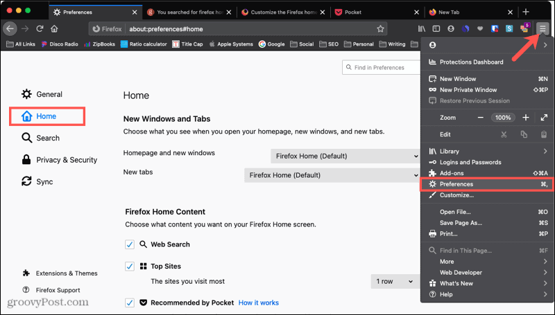 Domovská stránka predvolieb prehliadača Firefox v systéme Mac