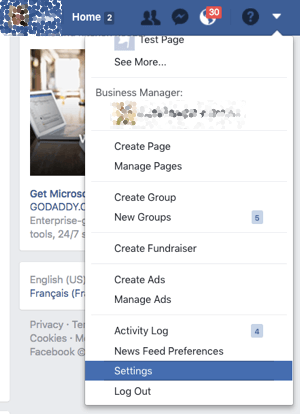 Prístup k nastaveniam profilu na Facebooku nájdete v rozbaľovacej šípke.