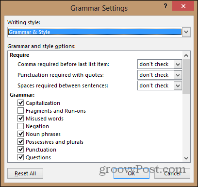 slovo 2013 konfiguruje ponuku nastavení gramatiky