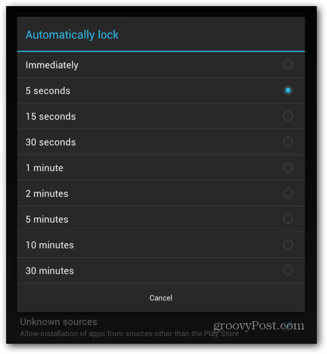 Uzamknutá obrazovka aplikácie Goggle Nexus 7 automaticky blokuje interval