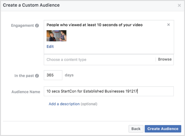 Vlastné publikum na zapojenie videa z Facebooku