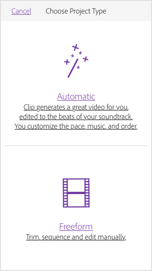 Vyberte Automaticky, aby aplikácia Adobe Premiere Clip vytvorila video za vás.