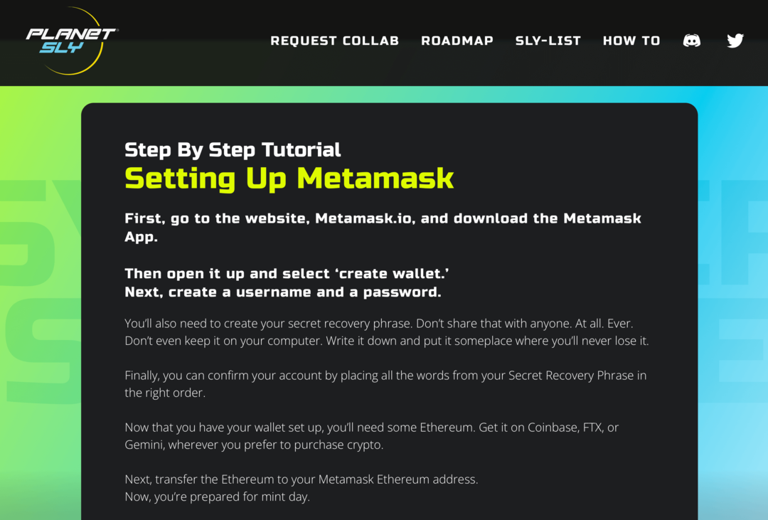 obrázok tutoriálu Metamask na webovej stránke PlanetSLY