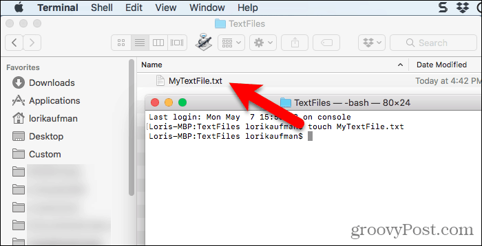 Textový súbor vytvorený pomocou príkazu touch v Terminal na počítači Mac