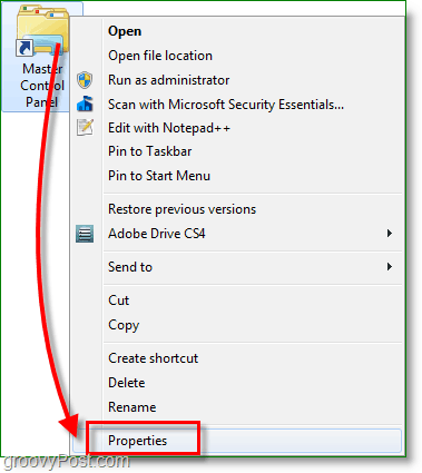 Snímka obrazovky systému Windows 7 - pravým tlačidlom myši kliknite na odkaz a prejdite do vlastností