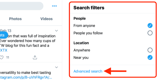 snímka obrazovky zobrazujúca odkaz na rozšírené vyhľadávanie v poli filtrov pre vyhľadávanie twitter
