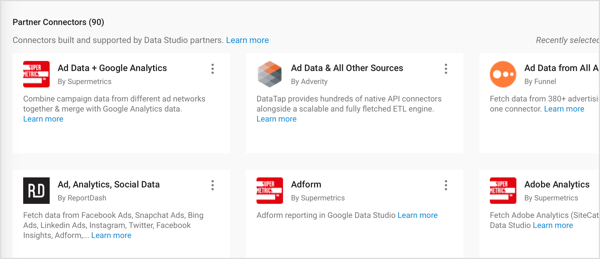 Google Data Studio ponúka konektory partnerov vytvorené partnermi tretích strán.