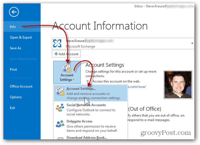 Pridať poštovú schránku Outlook 2013 - Kliknite na položku Informácie o účte