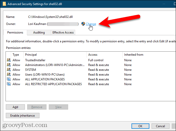 Kliknite na Zmeniť pre vlastníka v dialógovom okne Rozšírené nastavenia zabezpečenia v editore databázy Registry systému Windows