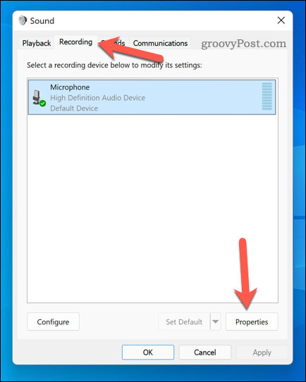 Otvorenie ponuky vlastností mikrofónu v systéme Windows 11