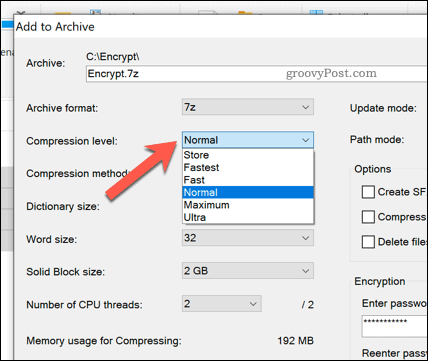 Možnosti kompresie súborov pre archívny súbor 7zip v systéme Windows 10