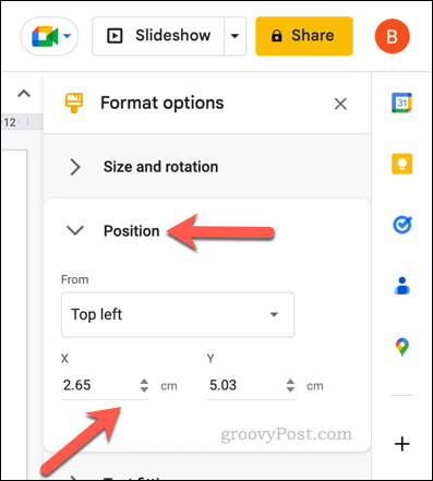 Zmeňte možnosti polohy pre tabuľku Google Slides