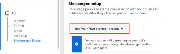 Facebook - reklamy Click to Messenger, krok 2.