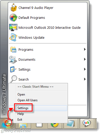 klasické štart menu v systéme Windows 7