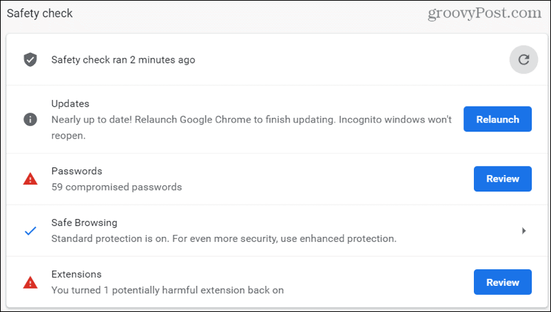 Výsledky kontroly bezpečnosti prehliadača Chrome
