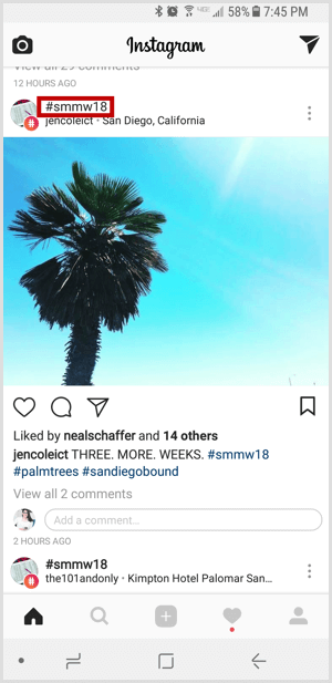 Instagram hashtag in feed