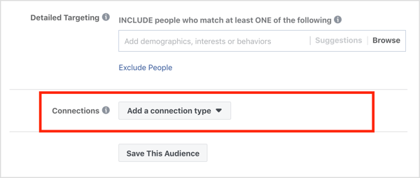 Sekcia Pripojenia v sekcii Publikum reklamnej kampane na Facebooku.