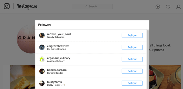 Tu je ukážka toho, ako sa váš zoznam sledovateľov zobrazuje na Instagrame.