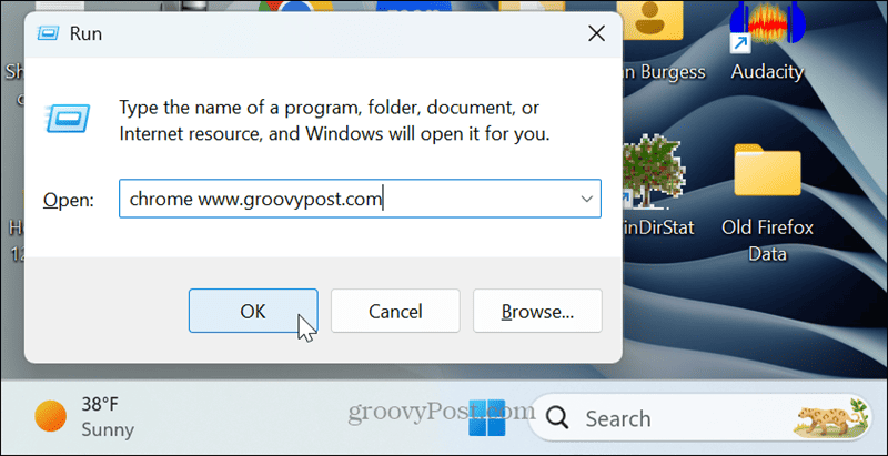 spustiť dialógové okno otvoriť konkrétnu stránku prehliadača Chrome