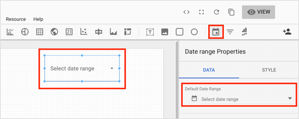 Kliknite na nástroj Rozsah dátumov na paneli nástrojov a nakreslite rámček v oblasti grafu, kam chcete pridať ovládací prvok.