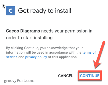 Potvrdzuje sa inštalácia doplnku Google Docs Cacoo