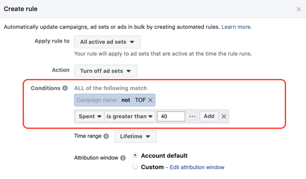 Používajte automatické pravidlá Facebooku, zastavte nastavovanie reklám, keď sú výdavky dvojnásobné a menej ako jeden nákup, krok 2, nastavenie podmienok