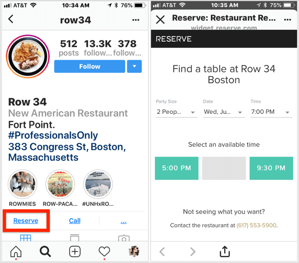 Kliknutím na tlačidlo Rezervovať akciu na obchodnom profile Instagramu tejto reštaurácie urobíte rezerváciu. 