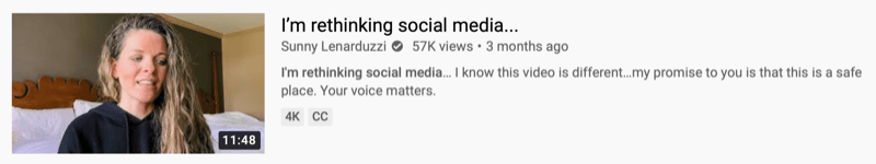 príklad videa z youtube od používateľa @sunnylenarduzzi s názvom „Prehodnocujem sociálne médiá…“