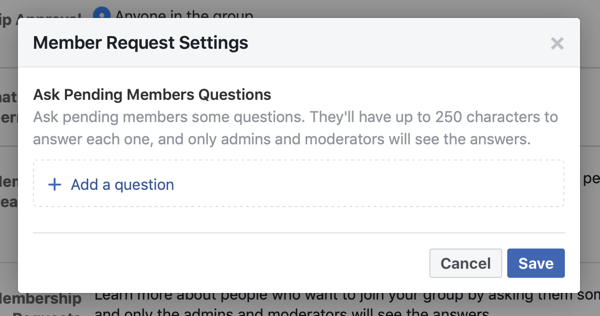 Ako vylepšiť svoju komunitu v skupine na Facebooku, príklad nastavenia žiadosti člena skupiny na Facebooku, ktoré umožňuje nové otázky členov