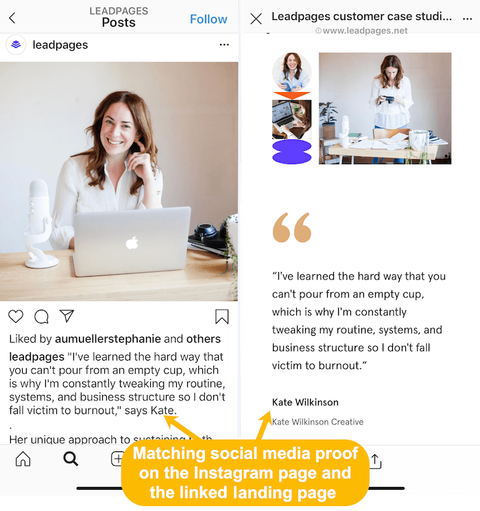zodpovedajúce príbehy zákazníkov na informačnom kanáli Instagramu a prepojenej vstupnej stránke