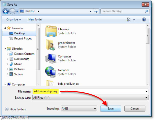 Snímka obrazovky systému Windows 7 - uložte ho ako addownership.reg