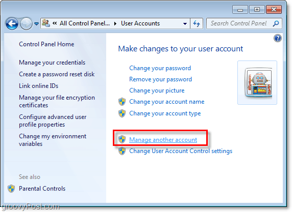 kliknite na stránke Správa iného účtu na stránke používateľského účtu systému Windows 7 na iný účet