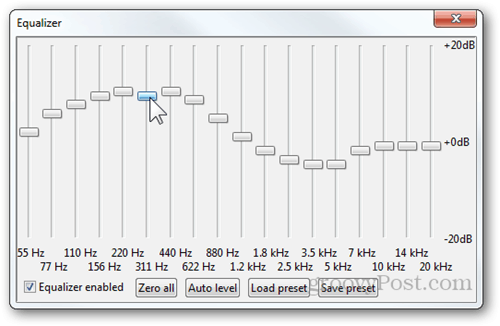ekvalizér foobar2000 decibely dB automatické ukladanie zaťaženia na úrovni uloženia predvoľby