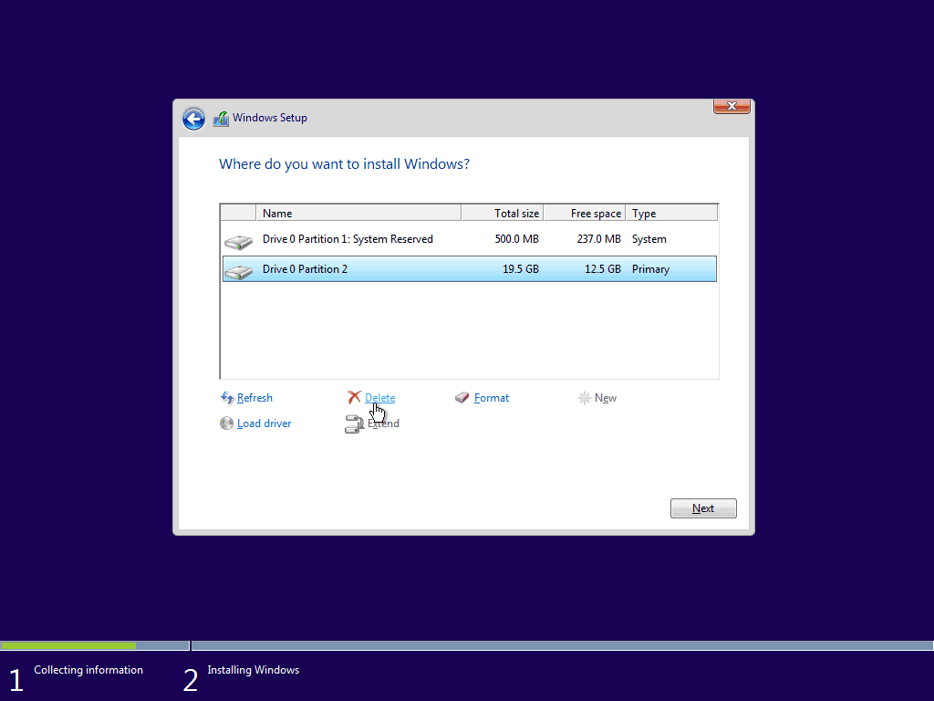 05 Vymazanie existujúcej primárnej oblasti Windows 10 Čistá inštalácia