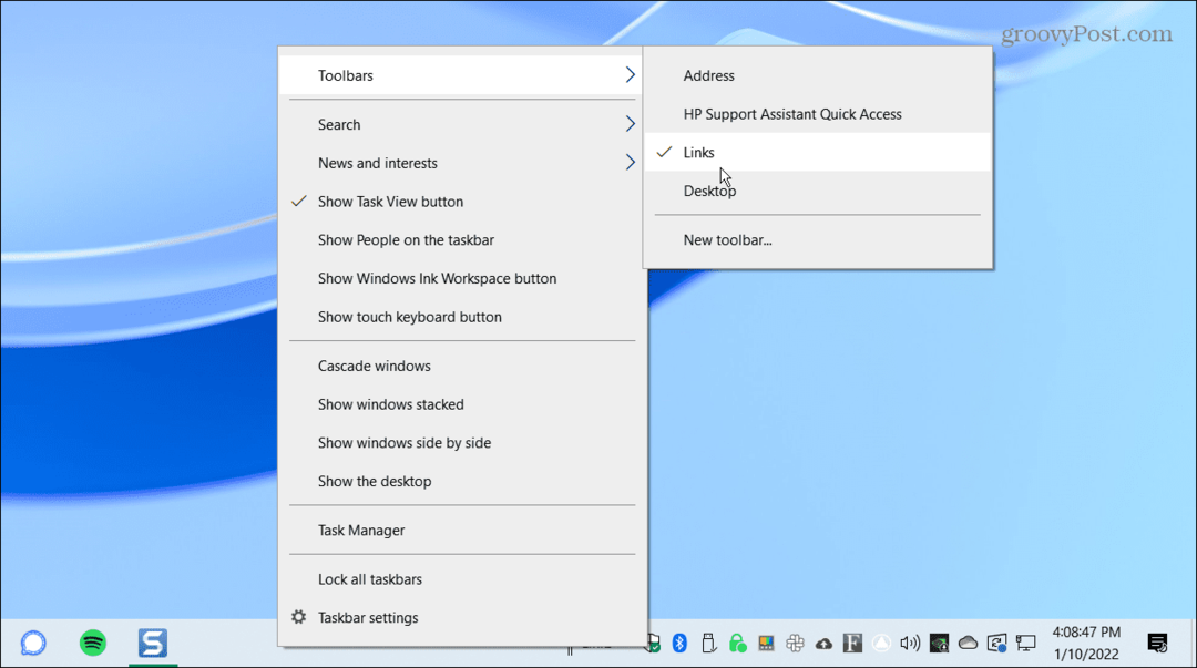 Panely s nástrojmi Odkazy vycentrujú panel úloh systému Windows 10