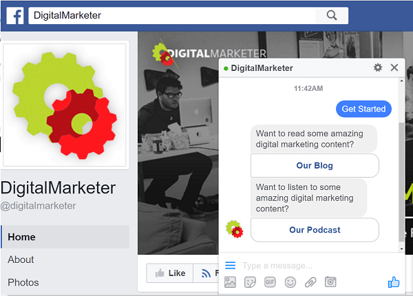 Spoločnosť DigitalMarketer používa na interakciu s robotmi ManyChat prostredníctvom služby Facebook Messenger.