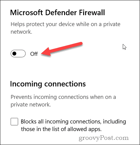 Zakázať posúvač brány firewall systému Windows