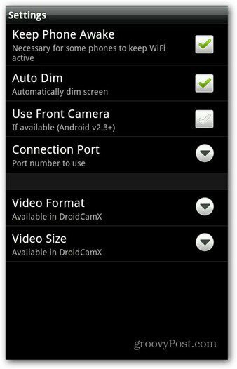 Nastavenia aplikácie DroidCam pre Android
