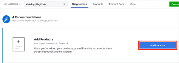 Kliknutím na tlačidlo Pridať produkty pridáte produkty do svojho katalógu na Facebooku.