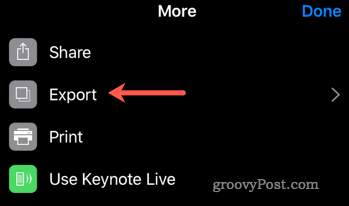 Začať proces exportu z aplikácie Keynote do aplikácie PowerPoint na iOS