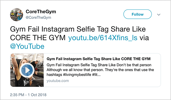 Toto je screenshot tweetu z @CoreTheGym. Tento tweet hovorí „Zlyhanie značky selfie na instagrame, zdieľanie selfie ako CORE THE GYM“ a odkazy na video YouTube. Popis videa je „Nebuď ako táto osoba. Aj keď tú osobu všetci poznáme. Sú to oni, ktorí používajú hashtagy #livingmybestlife ”. Odkaz na video je youtu.be/614Xfins_ls.