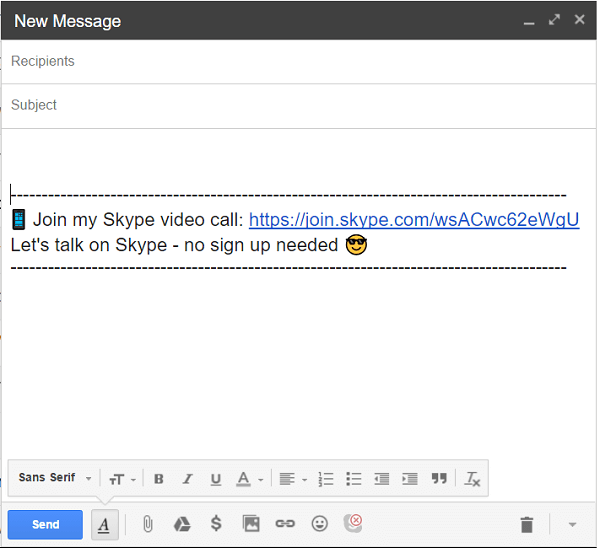 Kliknite na ikonu Skype v dolnej časti e-mailu a pridajte odkaz na volanie.