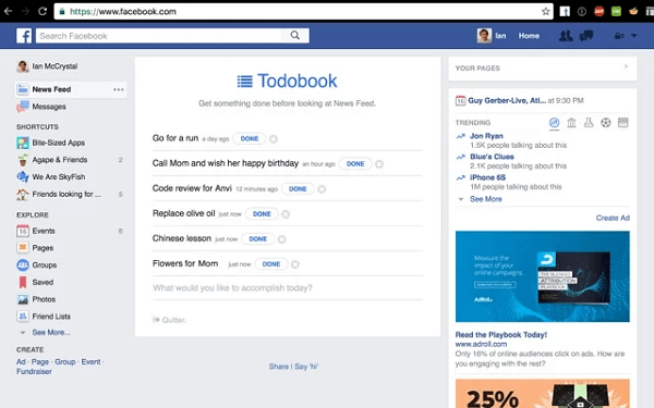 Todobook blokuje váš spravodajský kanál na Facebooku, kým nesplníte svoje priority pre tento deň.