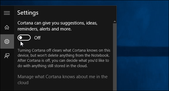 vypnite všetky karty Cortana
