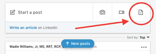 Príspevok na zdieľanie dokumentov na LinkedIn, upload dokumentu na organický príspevok, krok 1, pridaj ikonu nového dokumentu