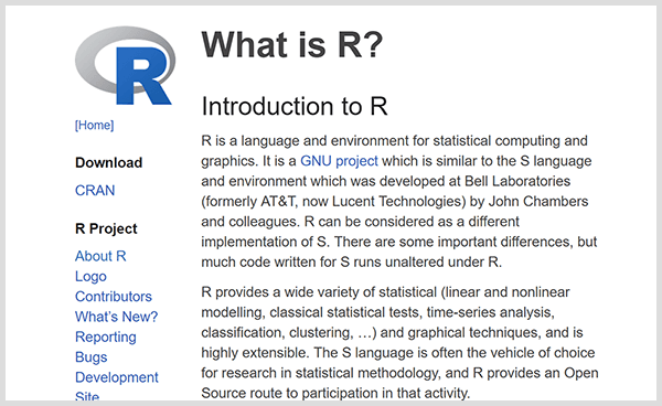 Vytvorte si svoje vlastné nástroje prediktívnej analýzy s programovacím jazykom R. Screenshot z úvodnej webovej stránky R. 