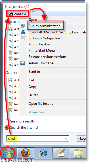 Snímka obrazovky systému Windows 7 - spustite program cmd ako správca