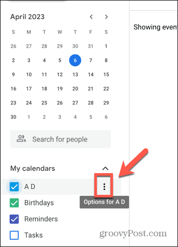 Snímka obrazovky s ikonou troch bodiek Kalendára Google
