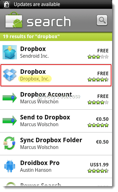 Menu vyhľadávania Dropbox pre Android