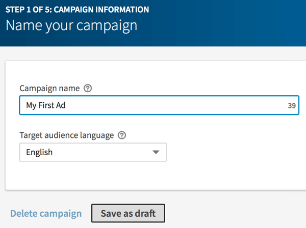Zadajte názov svojej kampane LinkedIn a kliknite na položku Uložiť ako koncept.